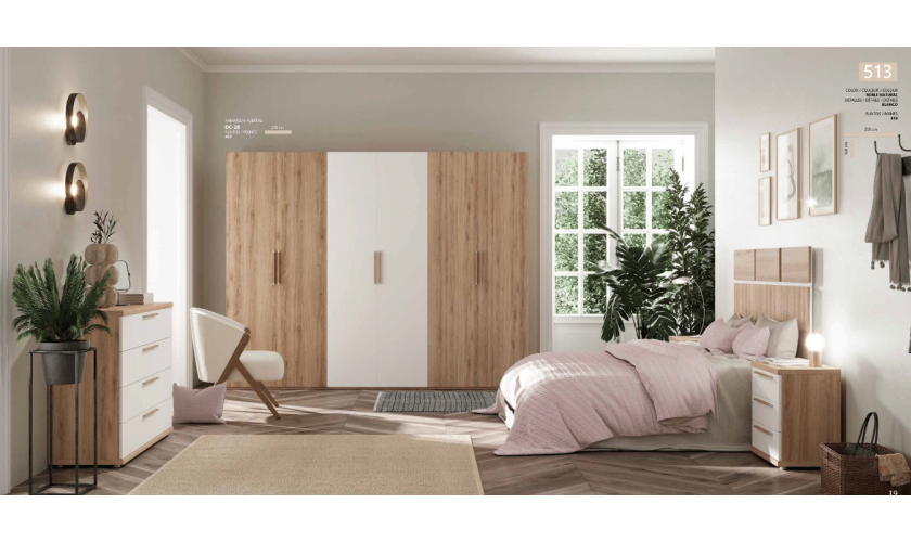 Dormitorio en color roble natural y blanco, con amplio armario