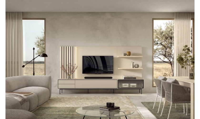 Mueble de salón moderno con elegante cristalera y líneas rectas