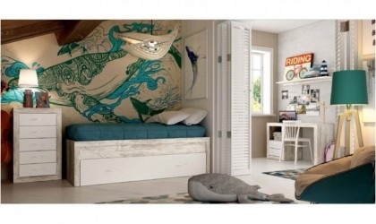 Dormitorio infantil compuesto de cama nido, cómoda, y mesa de escritorio de madera con acabados en madera color blanco