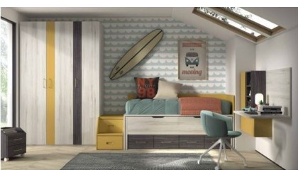 Dormitorio juvenil con dos camas en varios tonos