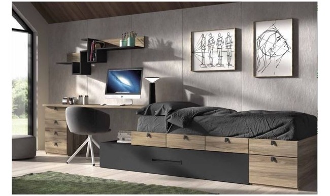 Dormitorio juvenil con somier de arrastre y mesa