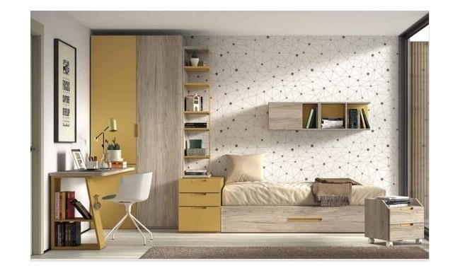 Dormitorio juvenil completo con somier de arrastre y mesa en tonos mostaza