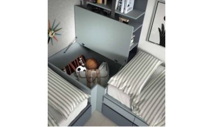 Dormitorio juvenil con dos camas, somier arrastre y armario