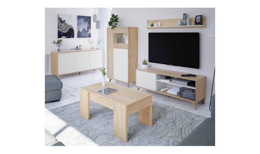 Composición de salón con mueble tv, vitrina, aparador y mesa de centro